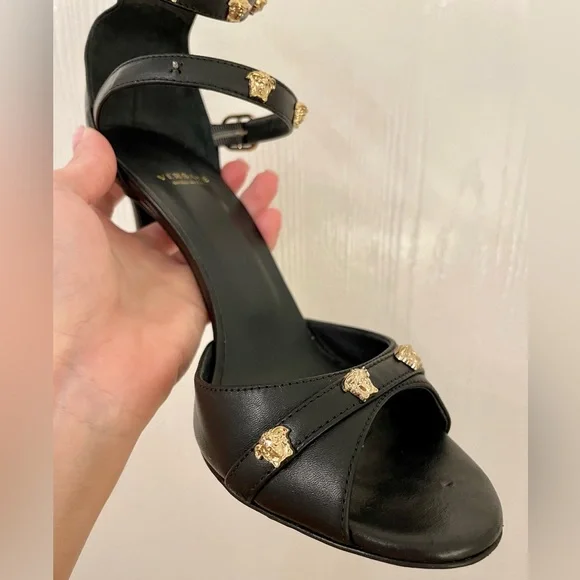 VERSACE Stiletto Medusa Black Gold Sandal Heels Ankle Strap